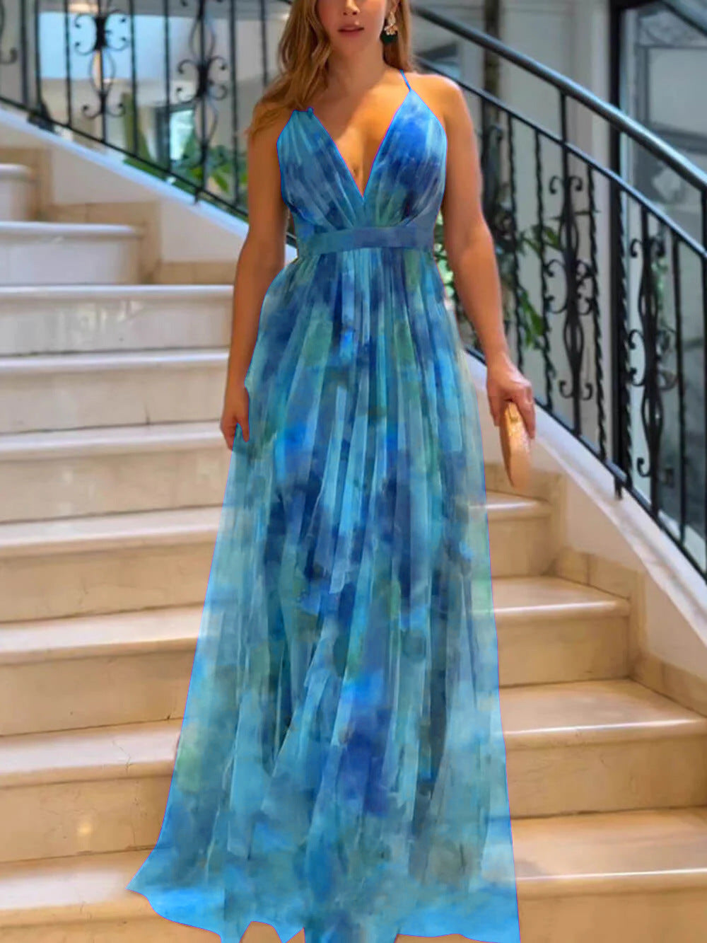 Cross-border 2025 European and American Spring/Summer New Mesh Printed Sundress, INS Vacation Casual Party Dress