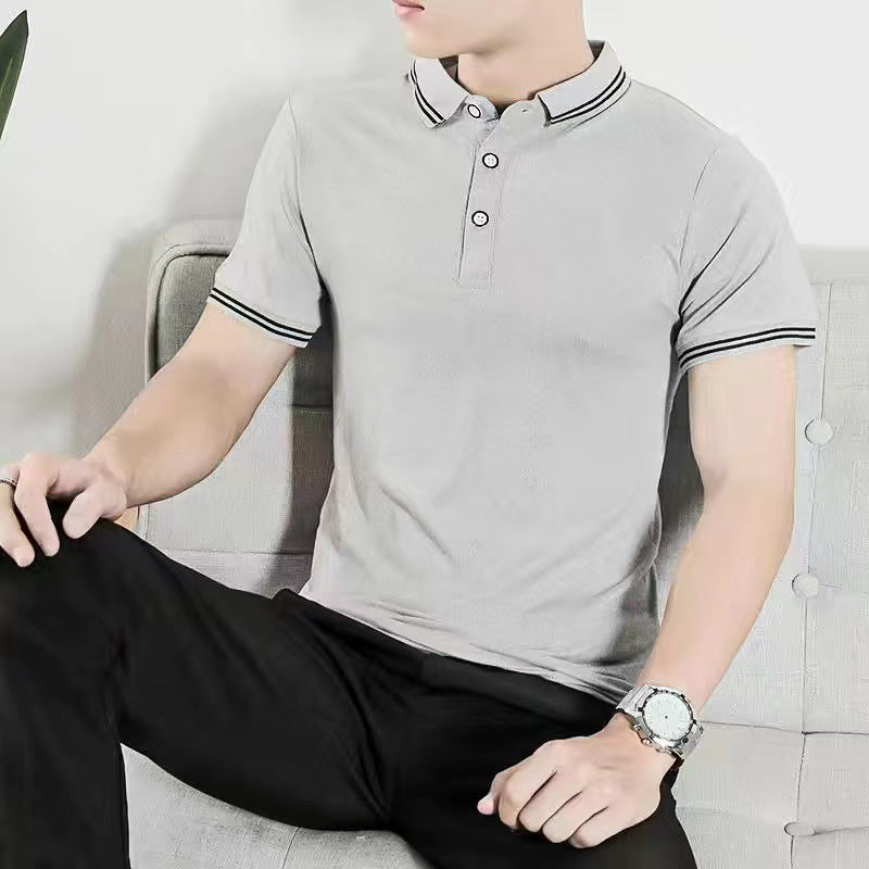 Men's Gray Polo Shirt - Stand-Up Collar, Short Sleeve