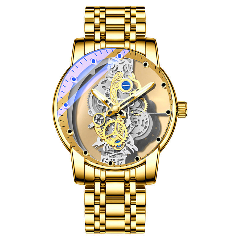 Men's Silver Skeleton Dial Quartz Watch - Steel Strap