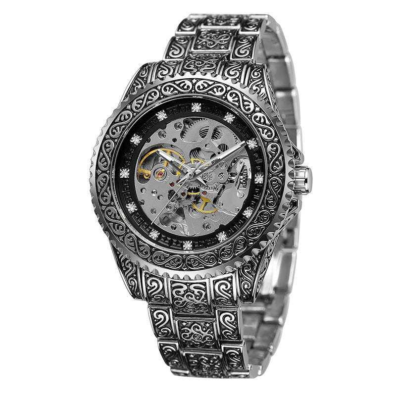 Men's Black Silver Automatic Mechanical Watch - Steel Strap