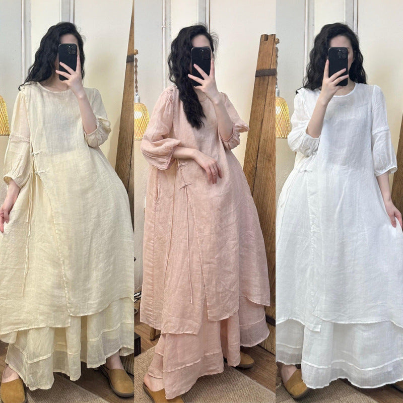2026 Summer New Retro Niche Pure Ramie Handmade Chinese Style Dress with Folded Buttons and Tie