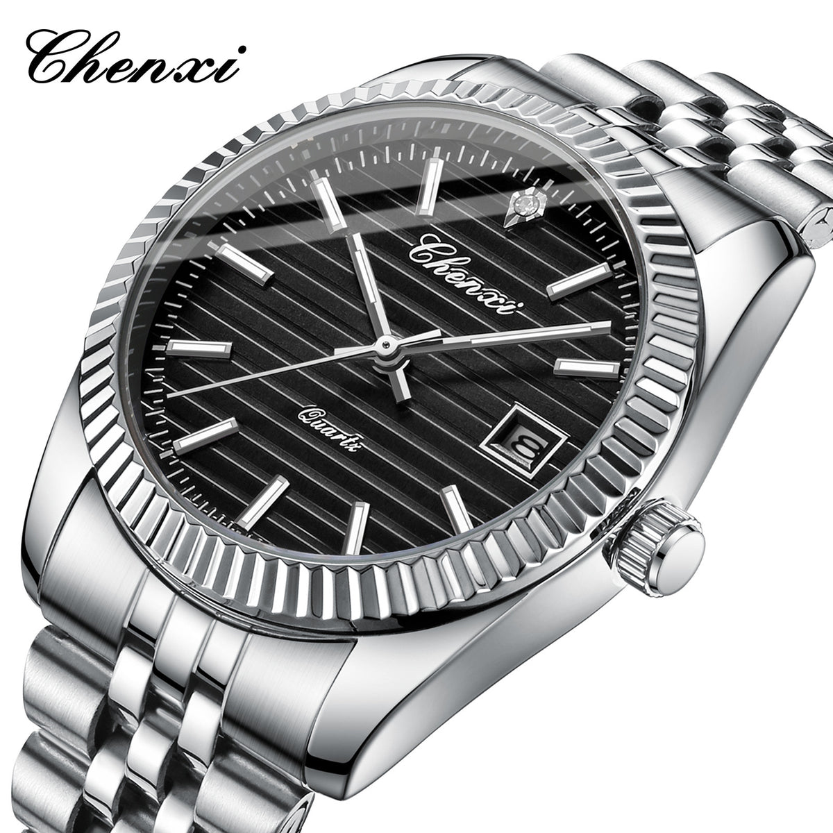 Men's Silver White Dial Quartz Watch - Calendar, Waterproof