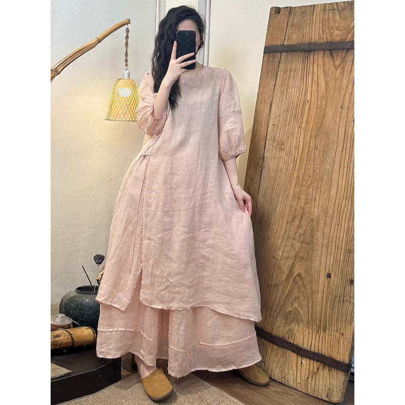 2026 Summer New Retro Niche Pure Ramie Handmade Chinese Style Dress with Folded Buttons and Tie