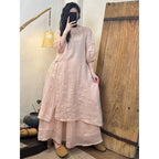 2026 Summer New Retro Niche Pure Ramie Handmade Chinese Style Dress with Folded Buttons and Tie