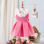 Cross-border European and American summer new girls suits small and medium-sized children's baby lace v-neck bow dress in stock