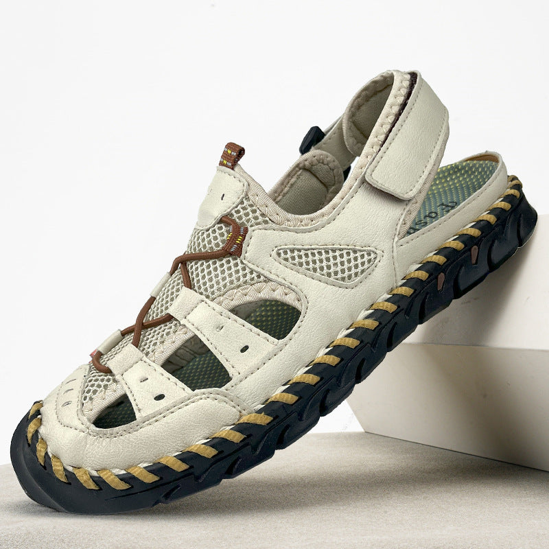 Cross-border foreign trade men's handmade Velcro beach sandals men's summer leisure outdoor real cowhide mesh breathable shoes