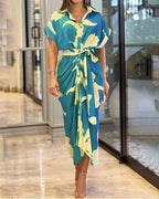 European and American cross-border 2024 Amazon summer new women's clothing printed lapel short-sleeved waist long shirt dress