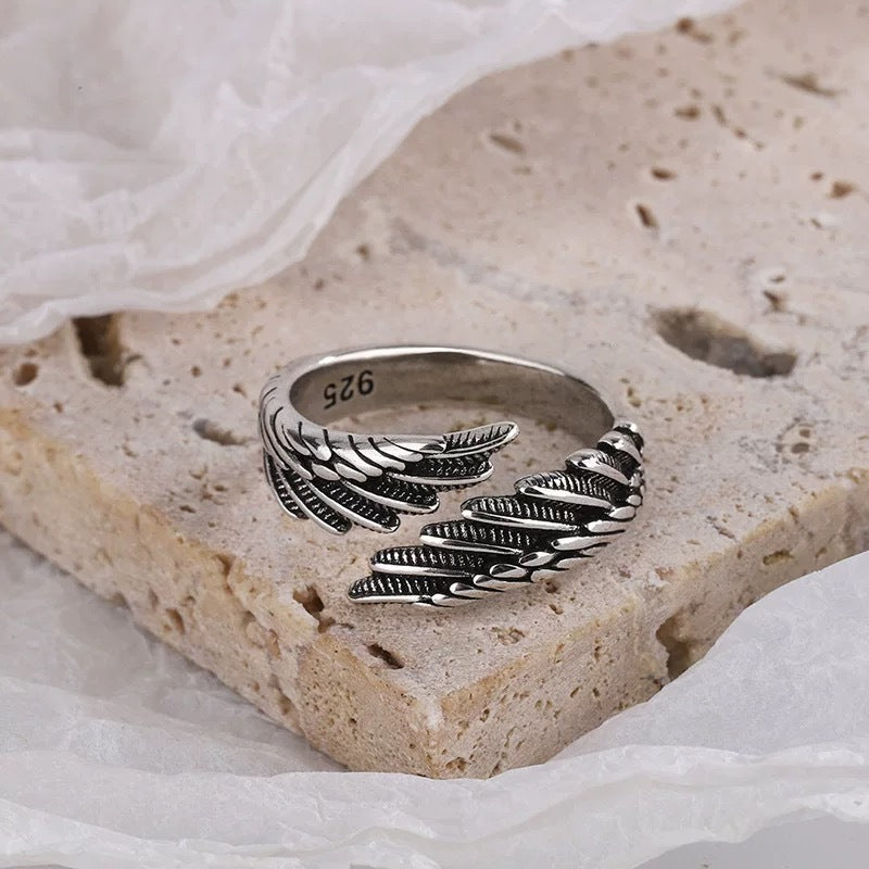 S925 sterling silver European and American retro old feather ring female simple fashion Thai silver jewelry temperament ring wholesale