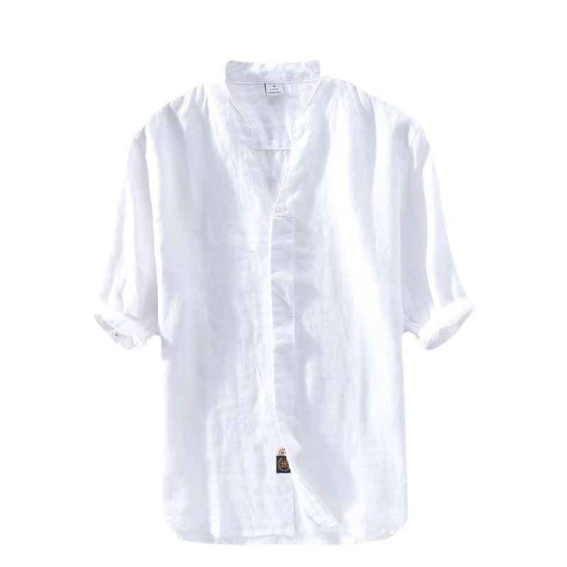 Men's Khaki Linen Mid-Sleeve Shirt – Retro | Aladinae