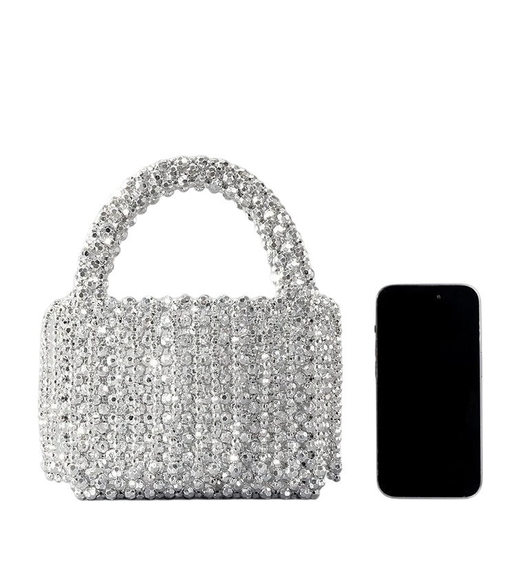 New acrylic tassel handbag women's diy handmade beaded woven bag bling silver beads evening bag