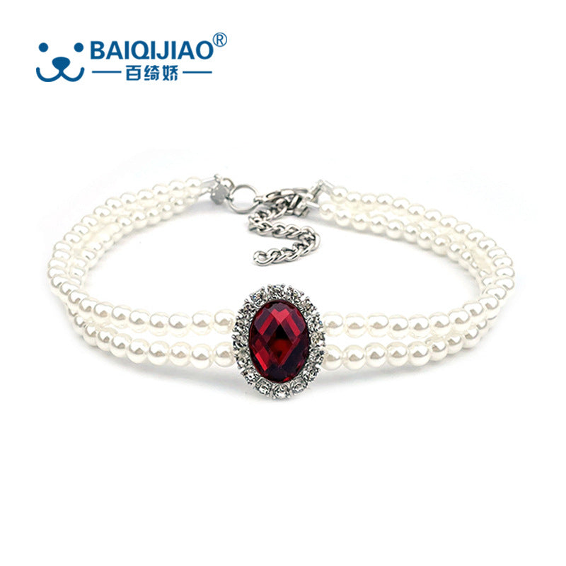 Amazon pet double row vertical pearl rhinestone collar for cats and dogs, adjustable necklace, cute accessories