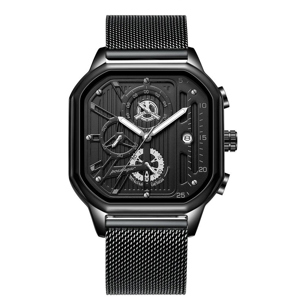 Men's Black Square Dial Quartz Watch - Leather, Waterproof