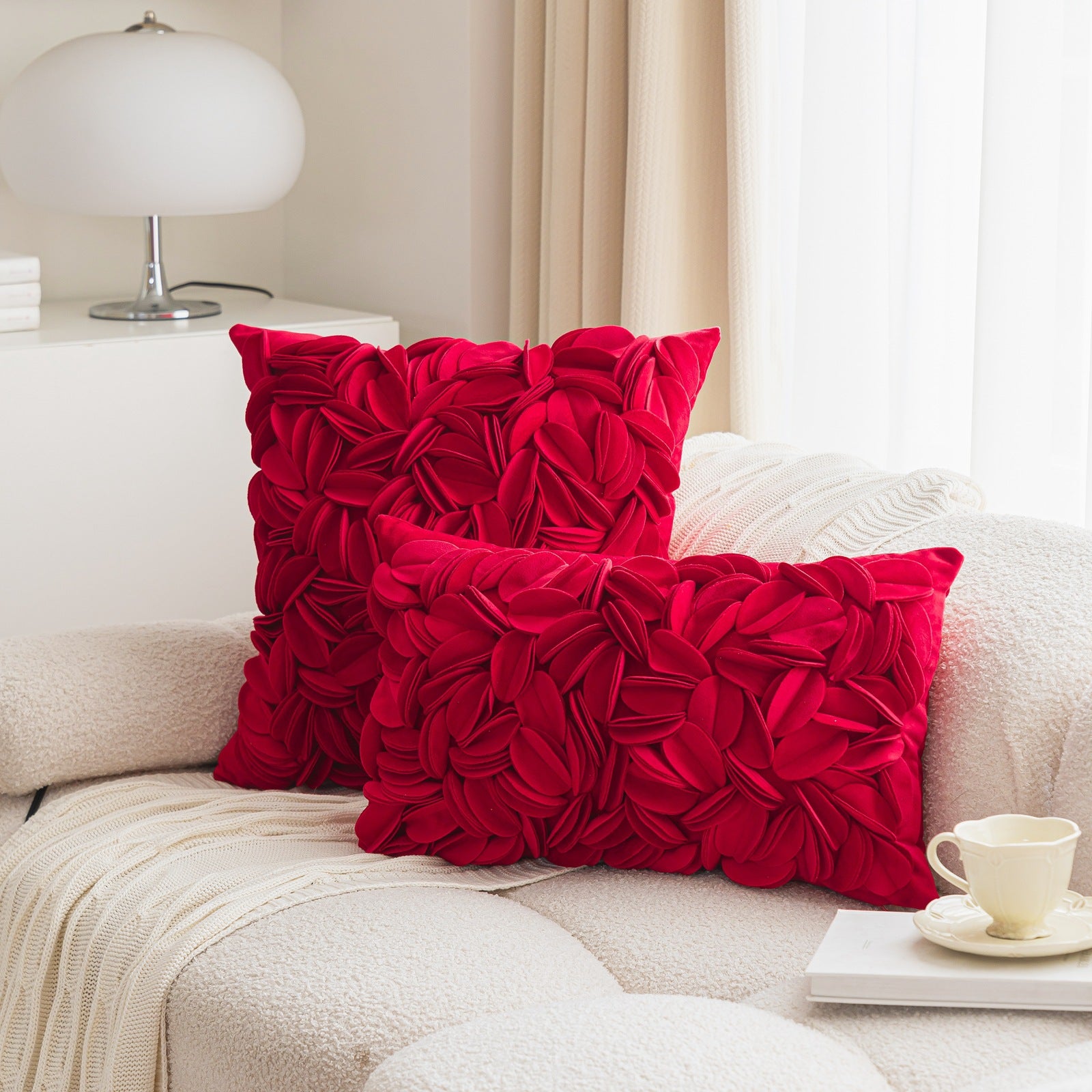 New minimalist luxury style handmade decorative pillowcase, solid color petal-patterned double-layered sofa cushion/bed backrest.