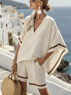 2026 European and American New Style Striped Casual V-neck T-shirt and Linen-style Set with Loose Shorts
