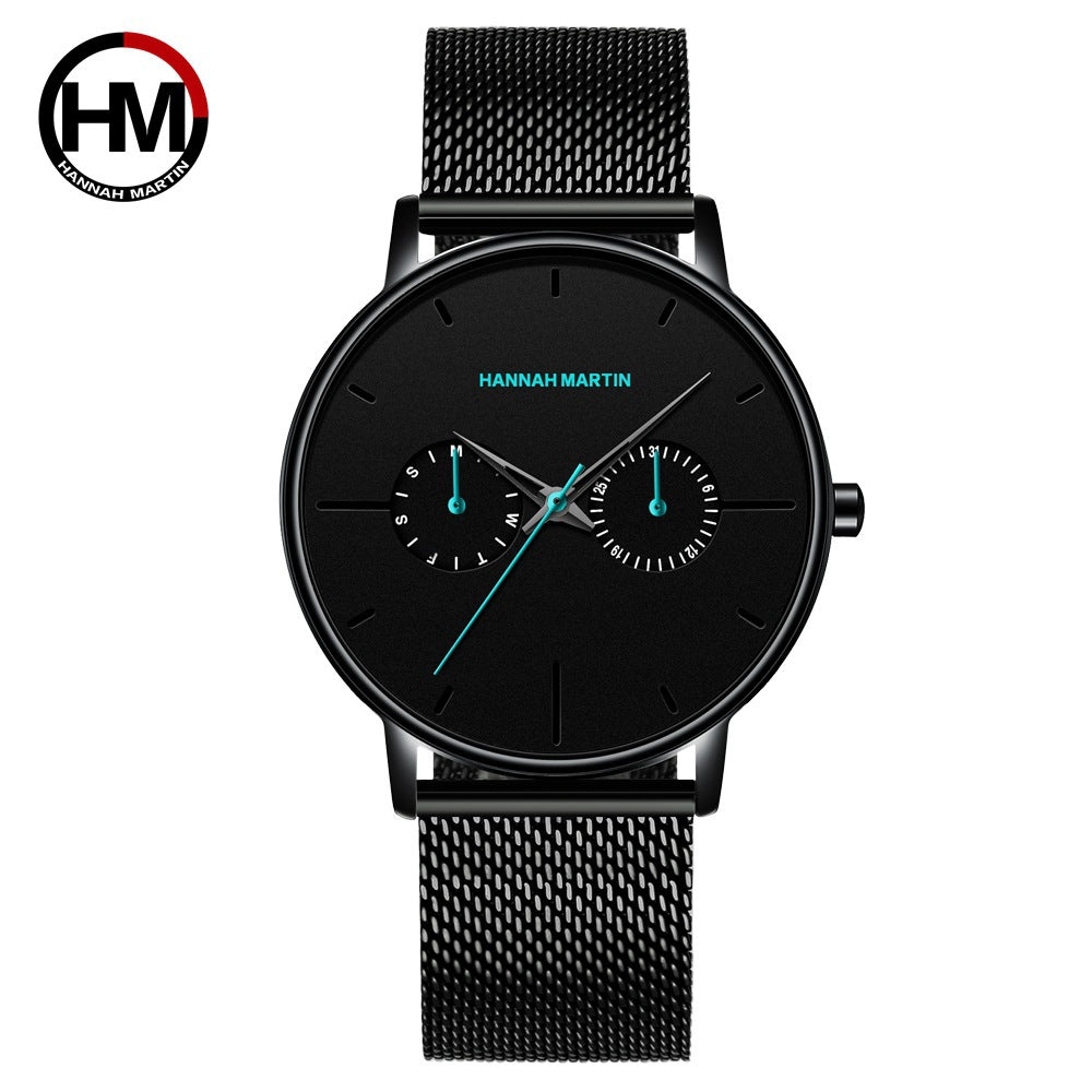 Men's multifunctional waterproof quartz watch top layer cowhide watch student trend niche brand ins business watch
