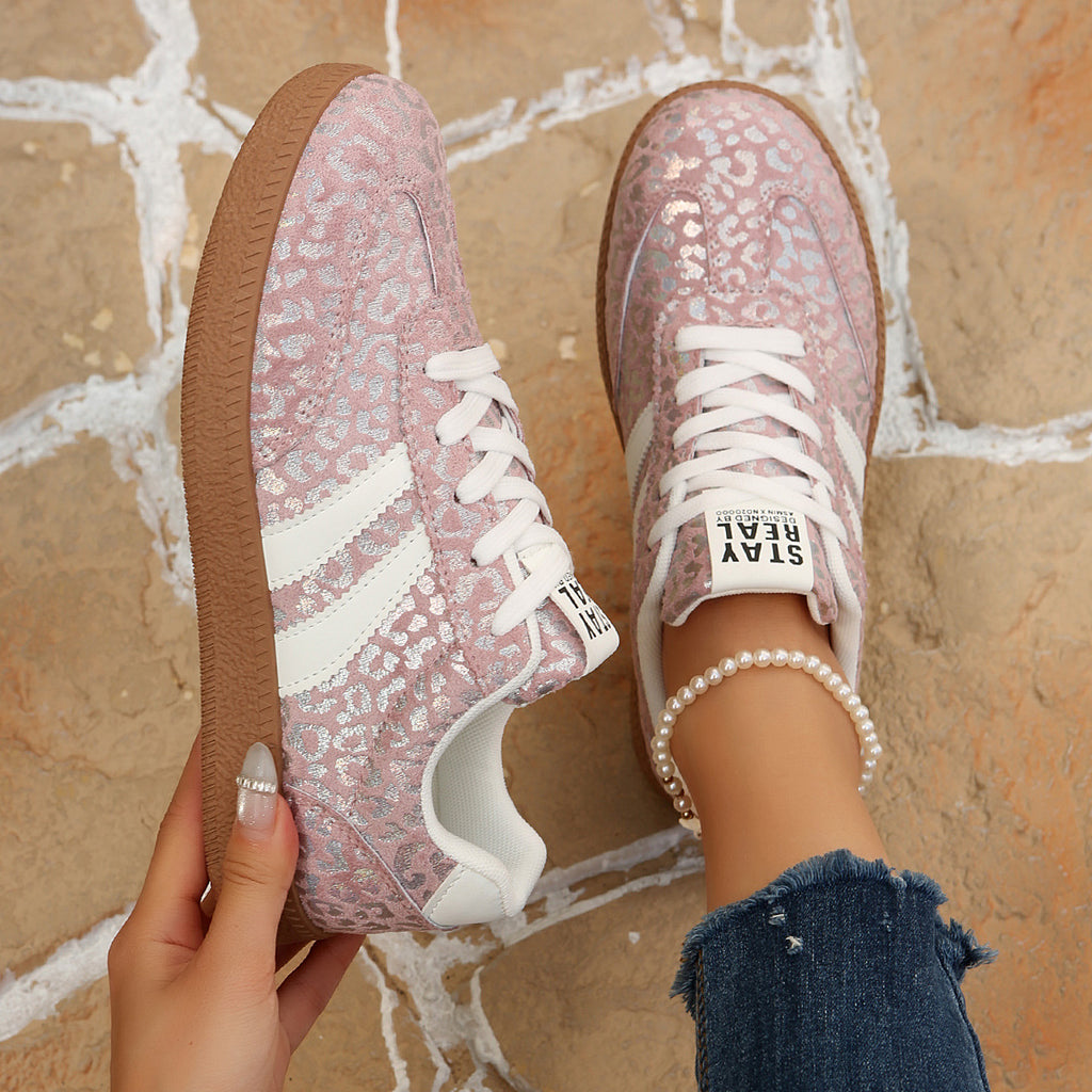 Women's Beige Flat Sneakers - Low-Top, Lace-Up
