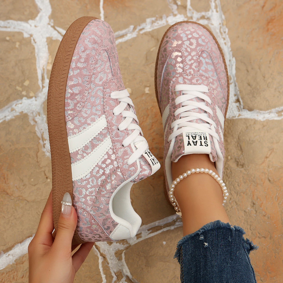 Women's Beige Flat Sneakers - Low-Top, Lace-Up