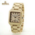 BEWELL Square Men's Fashion Calendar Movement Sandalwood Watch Factory Wholesale Available Wooden Watch with Double Calendar