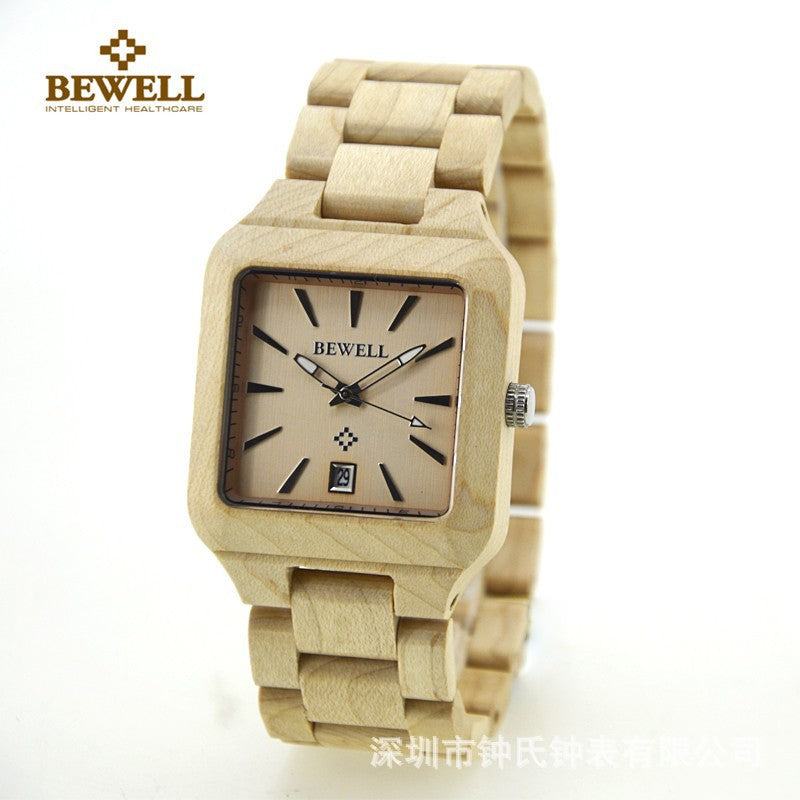 BEWELL Square Men's Fashion Calendar Movement Sandalwood Watch Factory Wholesale Available Wooden Watch with Double Calendar