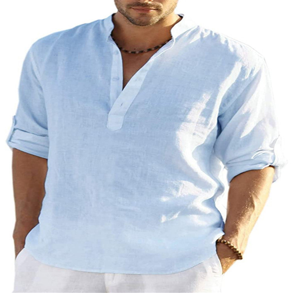Men's Cotton Linen Long Sleeve Stand Collar Shirt | Aladinae