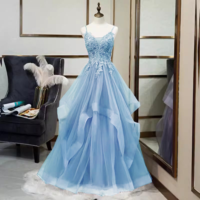 Women's V-Neck Evening Gown with Spaghetti Straps