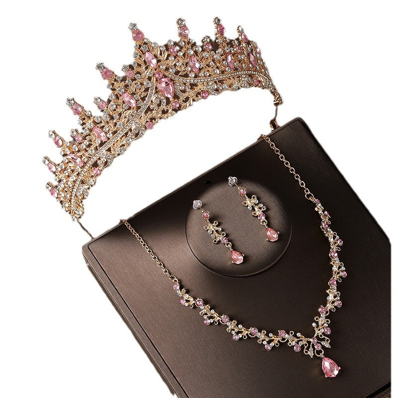 Crown headpiece necklace earrings champagne vintage pink diamond birthday crown hair accessories bride wedding dress three-piece set