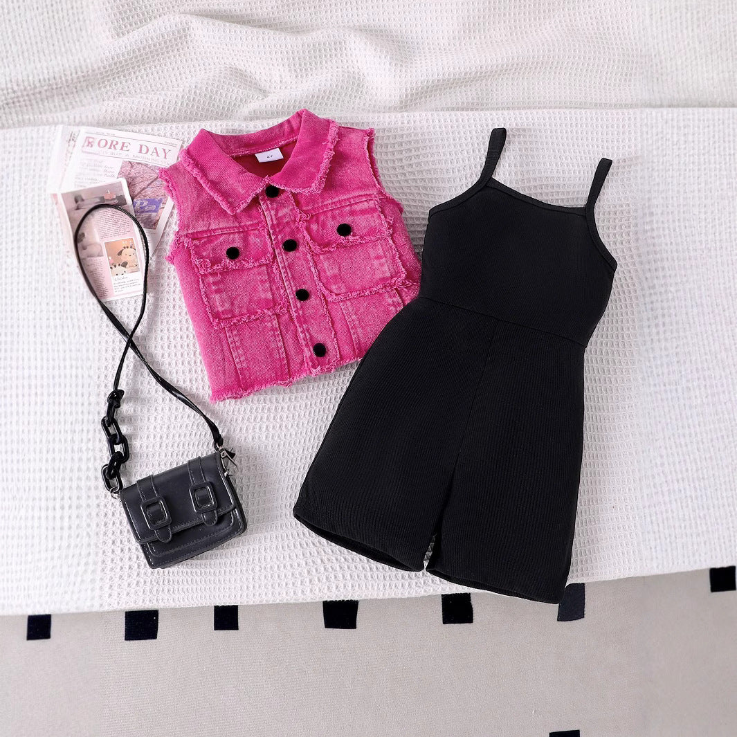 Foreign trade cross-border European and American new summer girls suits for small and medium-sized children single-breasted denim vest solid color jumpsuit