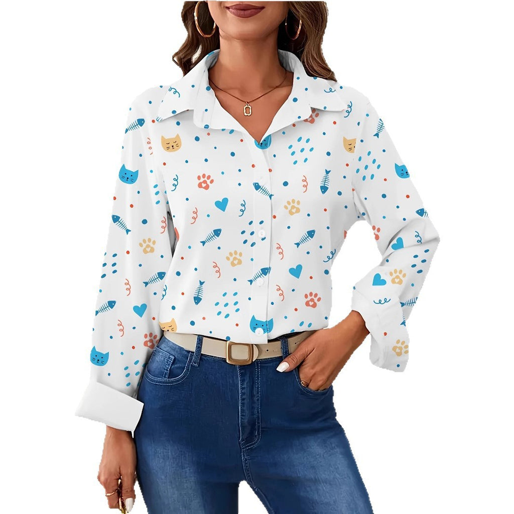 Cat cross-border Amazon European and American women's 3D printed floral pattern long-sleeved shirt women's fashion tops