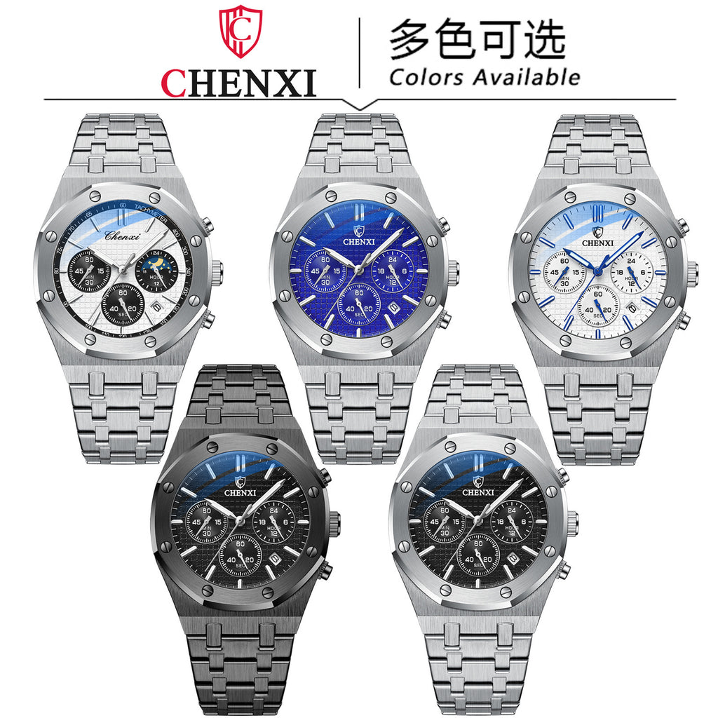 Men's Black Sports Quartz Watch - Steel Band, Waterproof