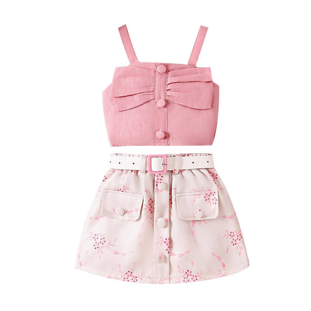 Foreign trade cross-border European and American summer sweet girl suits small and medium-sized children's suspender tops, printed skirts, belts new products