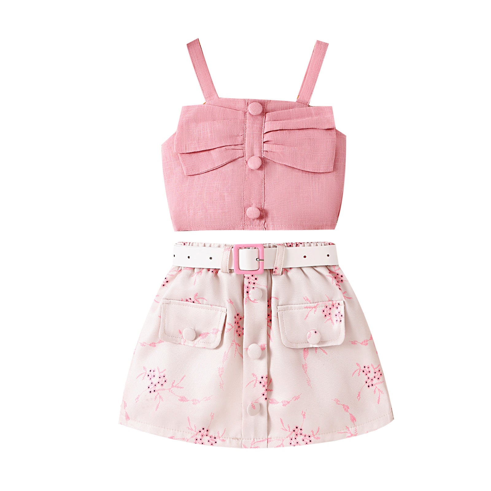 Foreign trade cross-border European and American summer sweet girl suits small and medium-sized children's suspender tops, printed skirts, belts new products