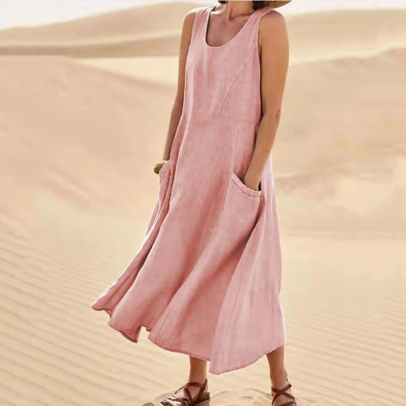 Amazon independent station wish2023 summer European and American foreign trade pocket sleeveless round neck women's cotton and linen dress