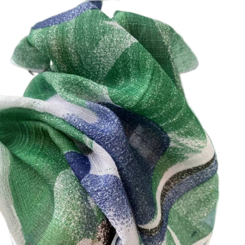 Amazon mid-length loose chiffon blouse with green and blue color blocking abstract print, lightweight and breathable, 2026 European and American cross-border style.