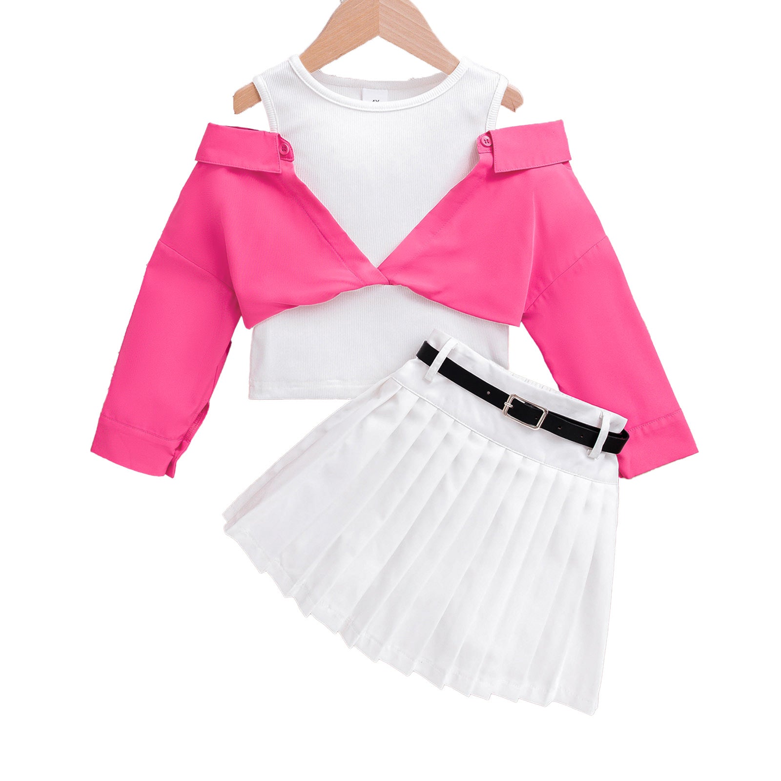 Foreign trade cross-border European and American summer hot-selling temperament girl suit off-shoulder long-sleeved top waist pleated skirt belt