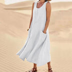 Amazon independent station wish2023 summer European and American foreign trade pocket sleeveless round neck women's cotton and linen dress