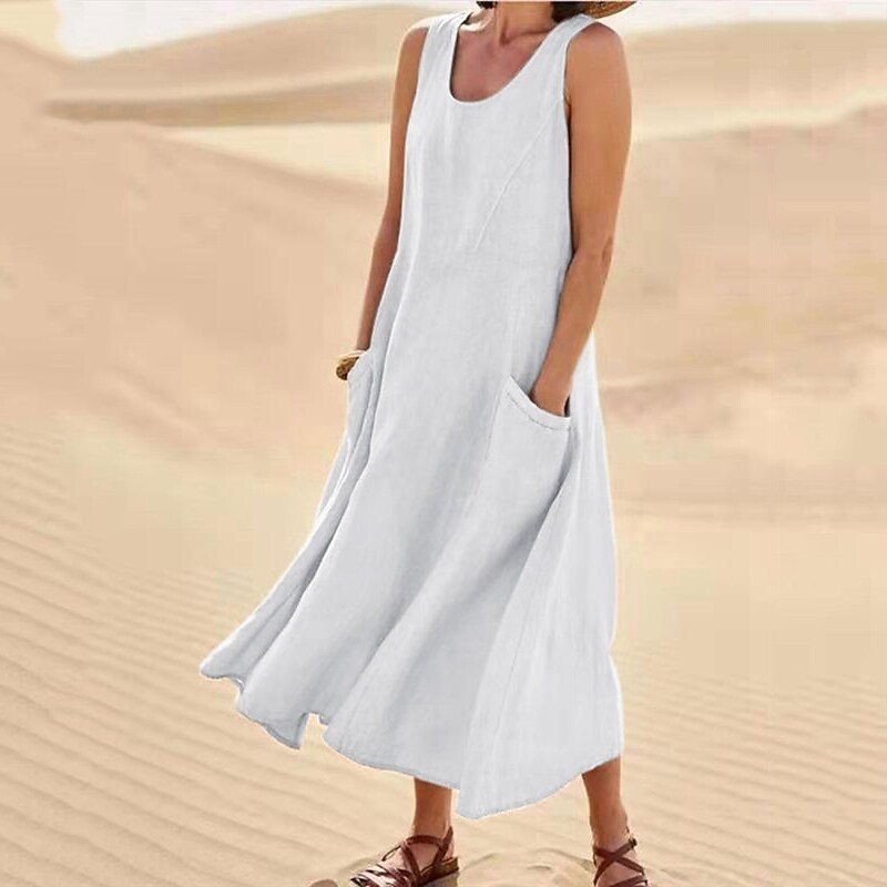 Amazon independent station wish2023 summer European and American foreign trade pocket sleeveless round neck women's cotton and linen dress
