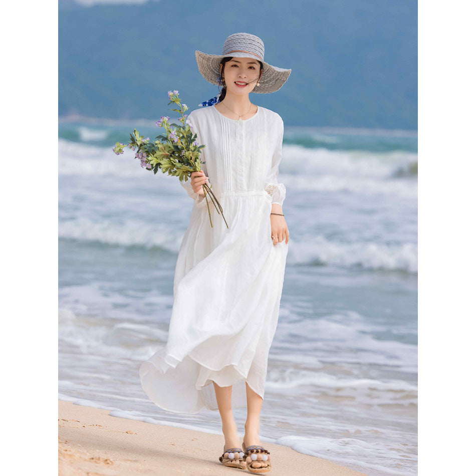 2024 Spring/Summer New Arrival: White Flowy Linen Lace-Trimmed Lantern Sleeve Tie-Waist Slimming Dress