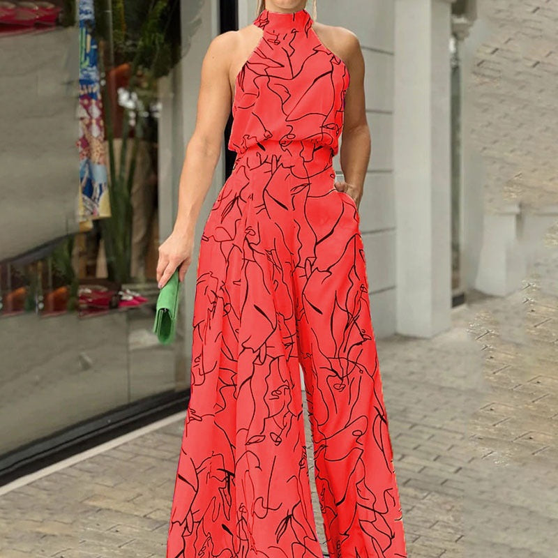 2024 Amazon Cross-Border Summer European and American Women's Clothing INS New Fashion Round Neck Tie-Waist Slim Printed Jumpsuit