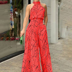 2024 Amazon Cross-Border Summer European and American Women's Clothing INS New Fashion Round Neck Tie-Waist Slim Printed Jumpsuit