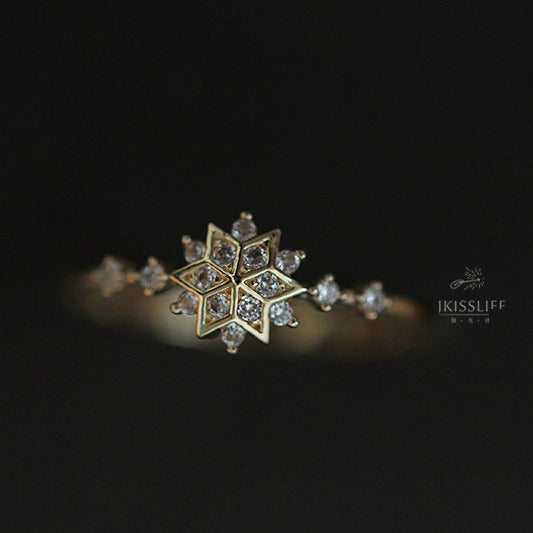Japanese s925 sterling silver plated with 14K gold platinum female ring exquisite snowflake commuter style versatile and elegant foreign trade style