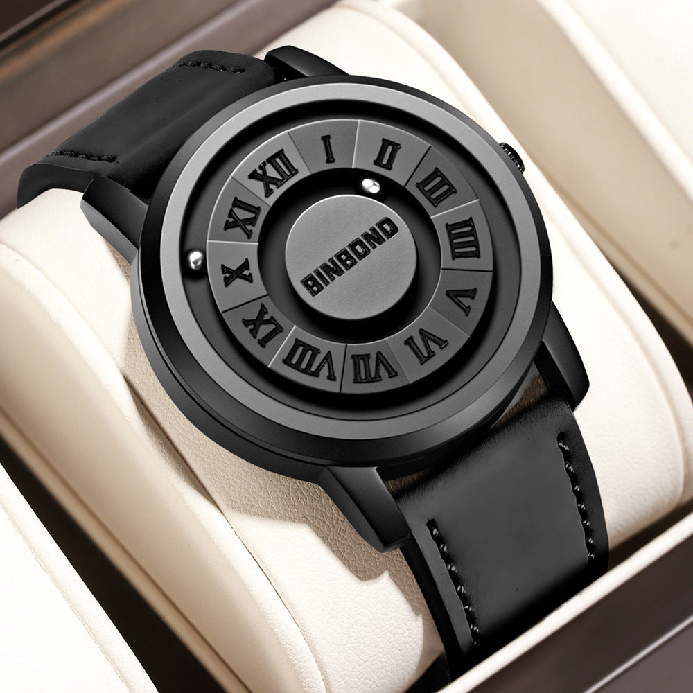 Men's Black Rotating Dial Watch - Steel Strap