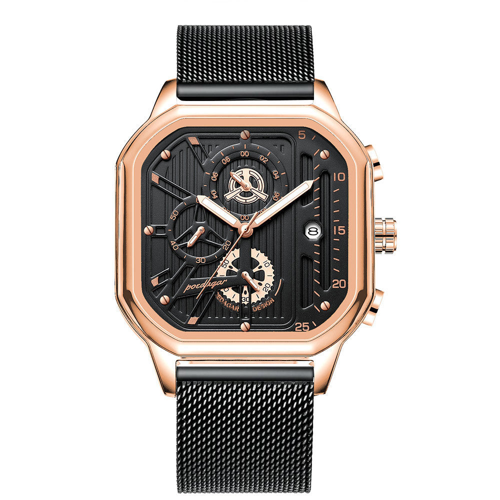Men's Black Square Dial Quartz Watch - Leather, Waterproof