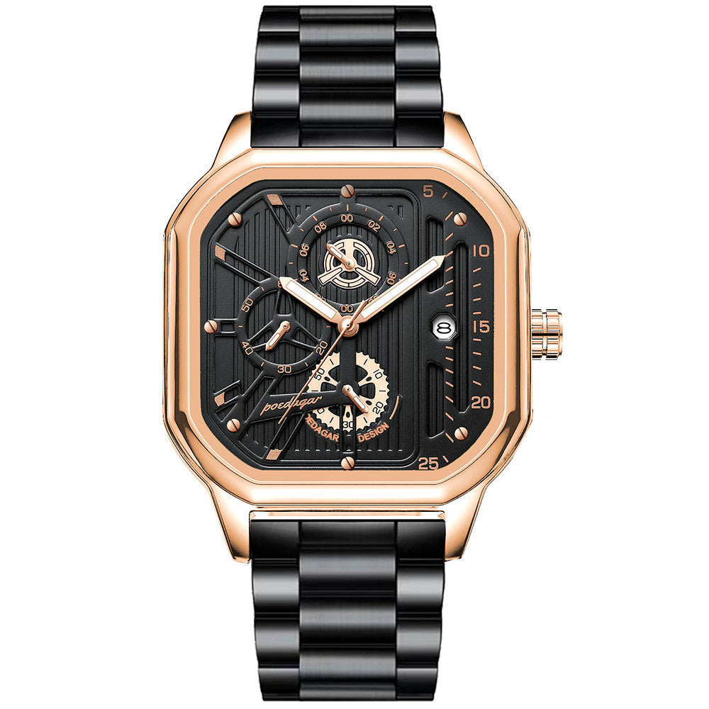 Men's Black Square Dial Quartz Watch - Leather, Waterproof