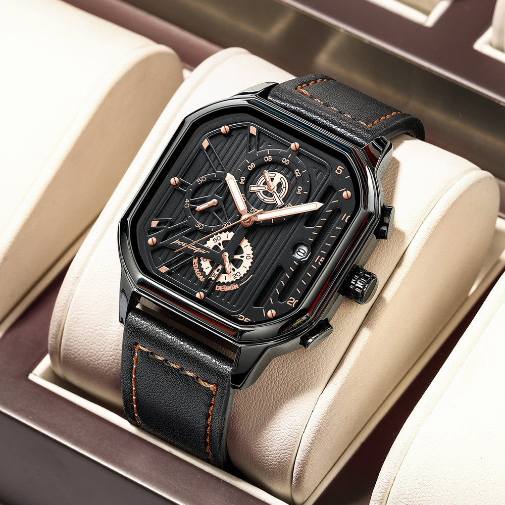 Men's Black Square Dial Quartz Watch - Leather, Waterproof