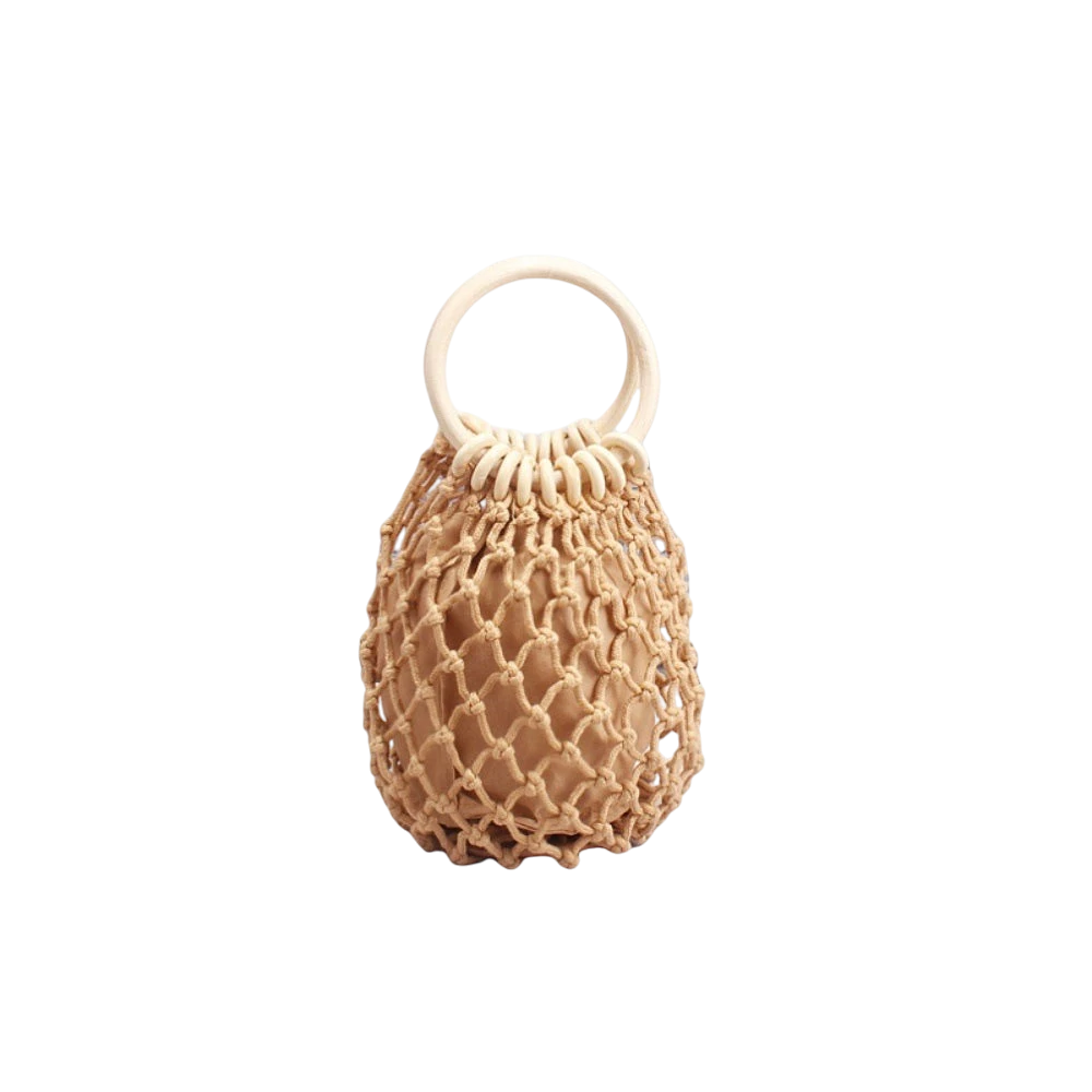 Handmade straw bag, small woven bag with round hollow handle, mesh bag, tote bag, niche brand bag for women, cotton thread, fishing net, hollow design.