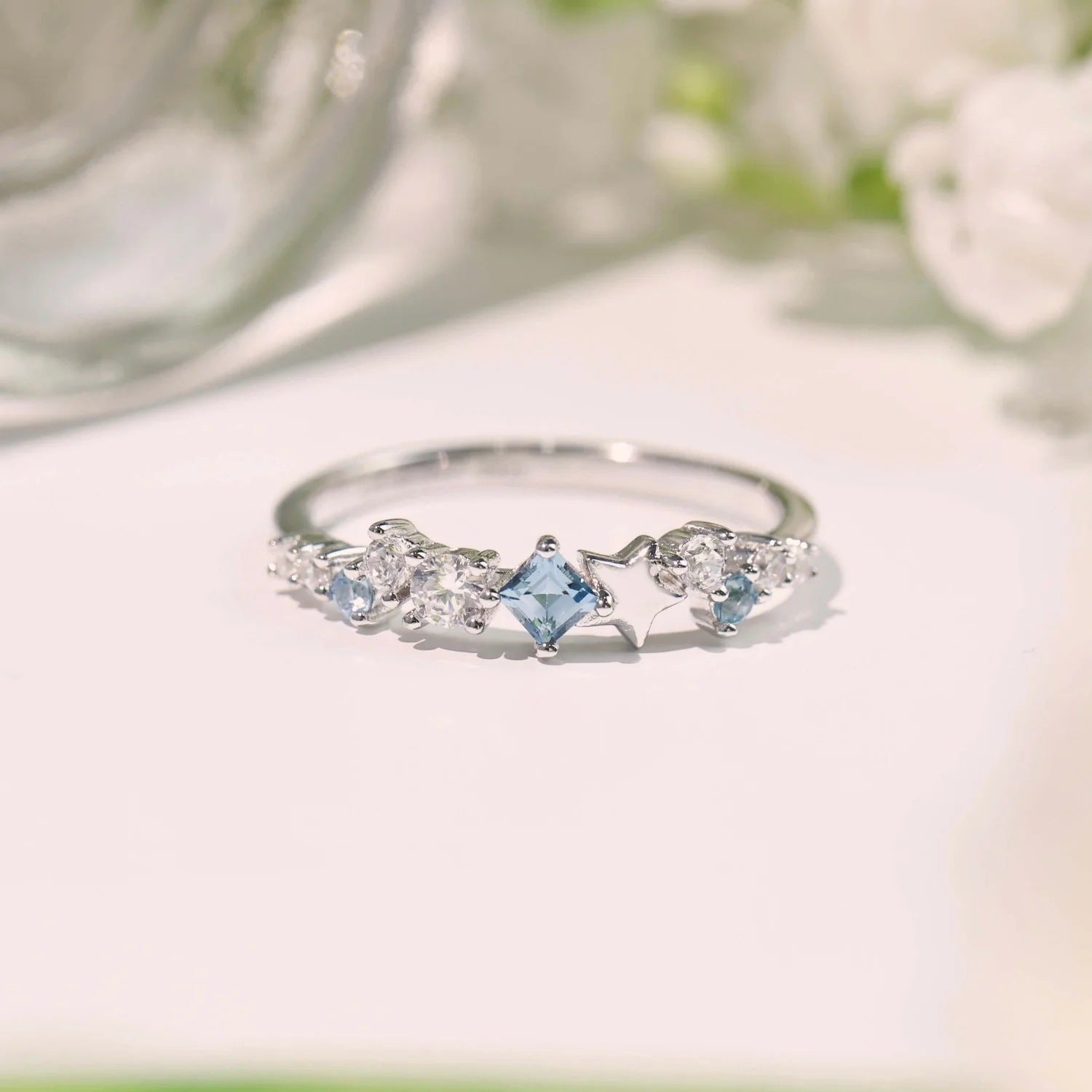 Cross-border hot selling s925 sterling silver five-pointed star white blue zircon ring female simple fashion European and American style index finger ring