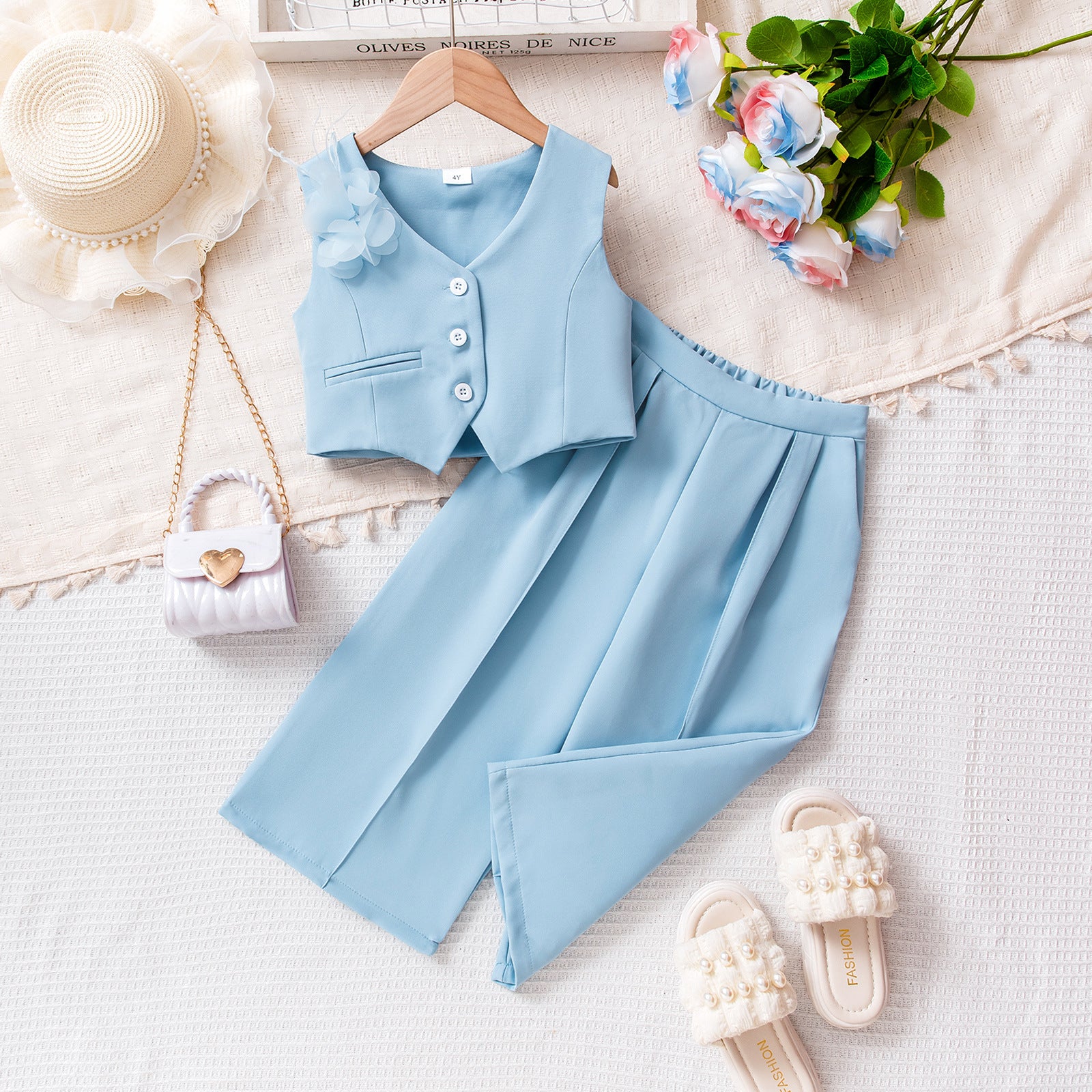 Cross-border European and American summer new multi-color girls suits, sleeveless vest tops for small and medium-sized children, trousers and suits