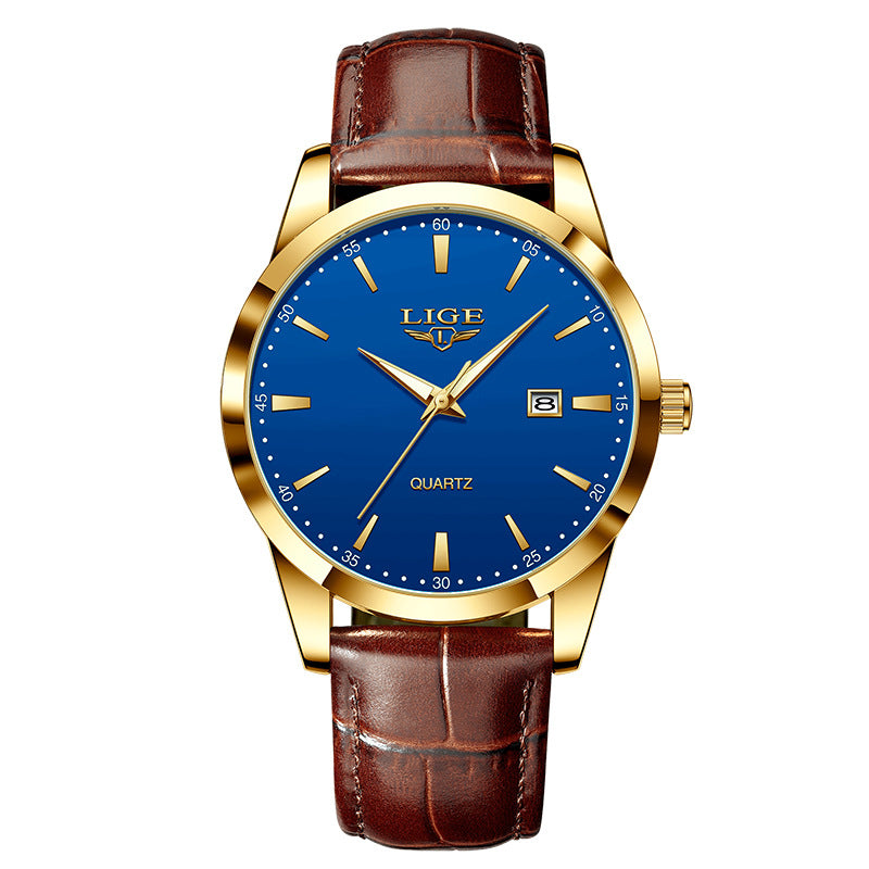 Men's Three-Hand Quartz Watch - Leather Strap, Waterproof