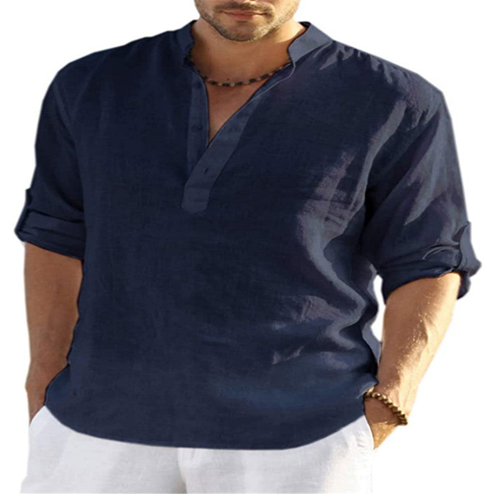 Men's Cotton Linen Long Sleeve Stand Collar Shirt | Aladinae