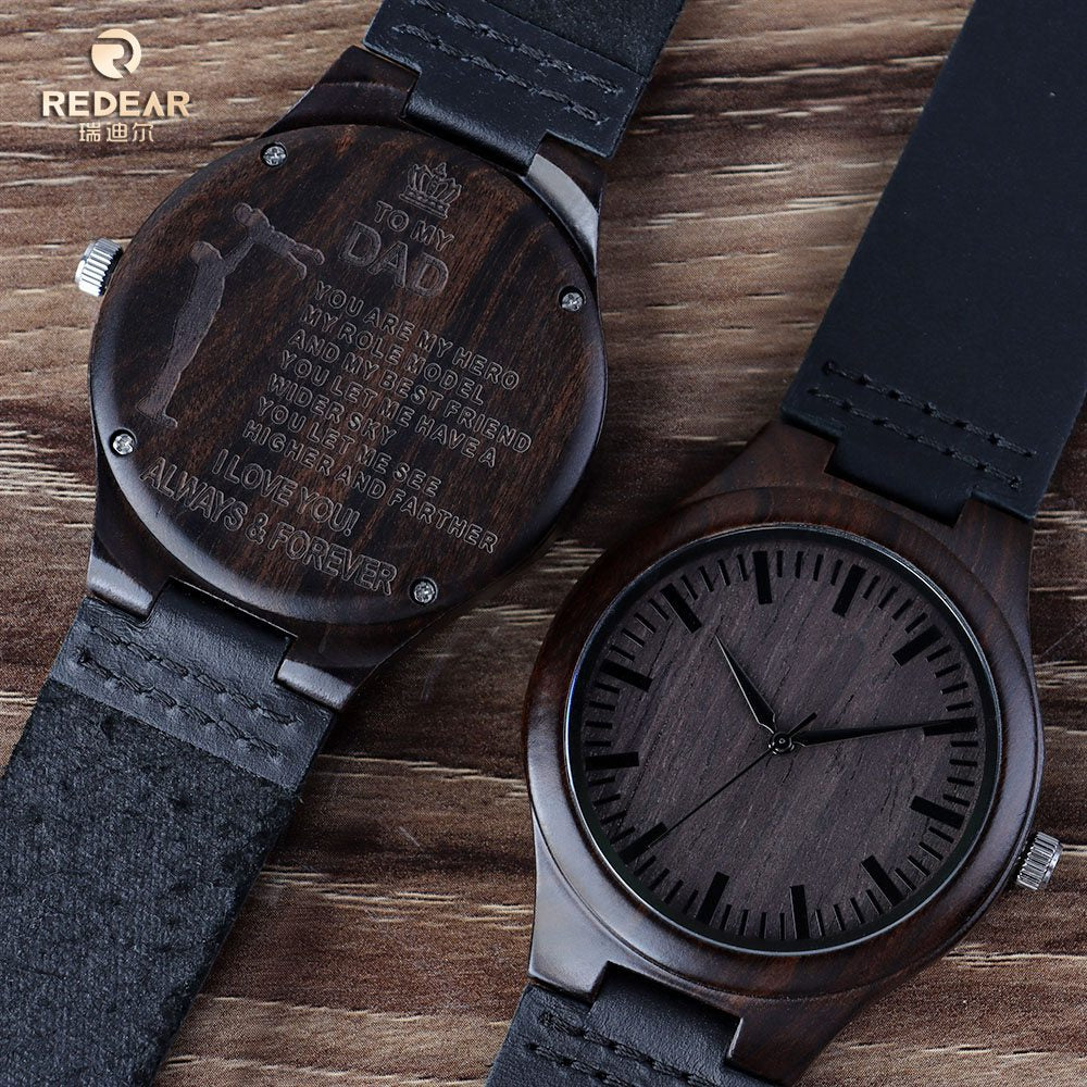 Men's Ebony Wood Watch - Leather Strap, Engraved Back